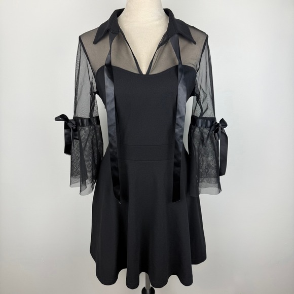 Dresses & Skirts - Black Mesh Sheer Bell Sleeve Gothic Dress Satin Ribbon Tie Bows Mini Size Large
